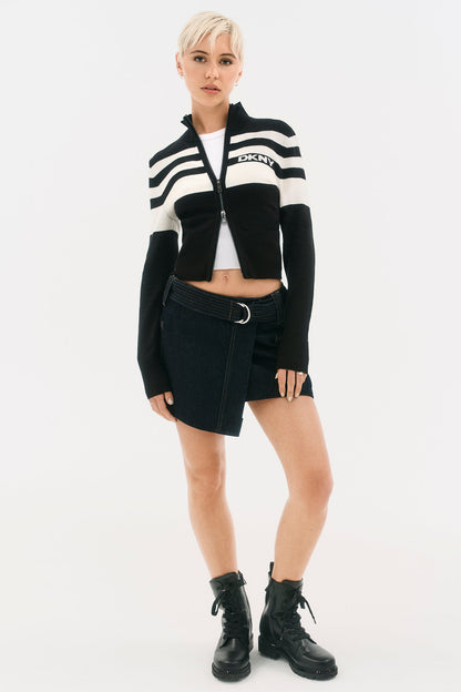 STRIPED MOCK NECK ZIP SWEATER - Black/Ivory | DKNY