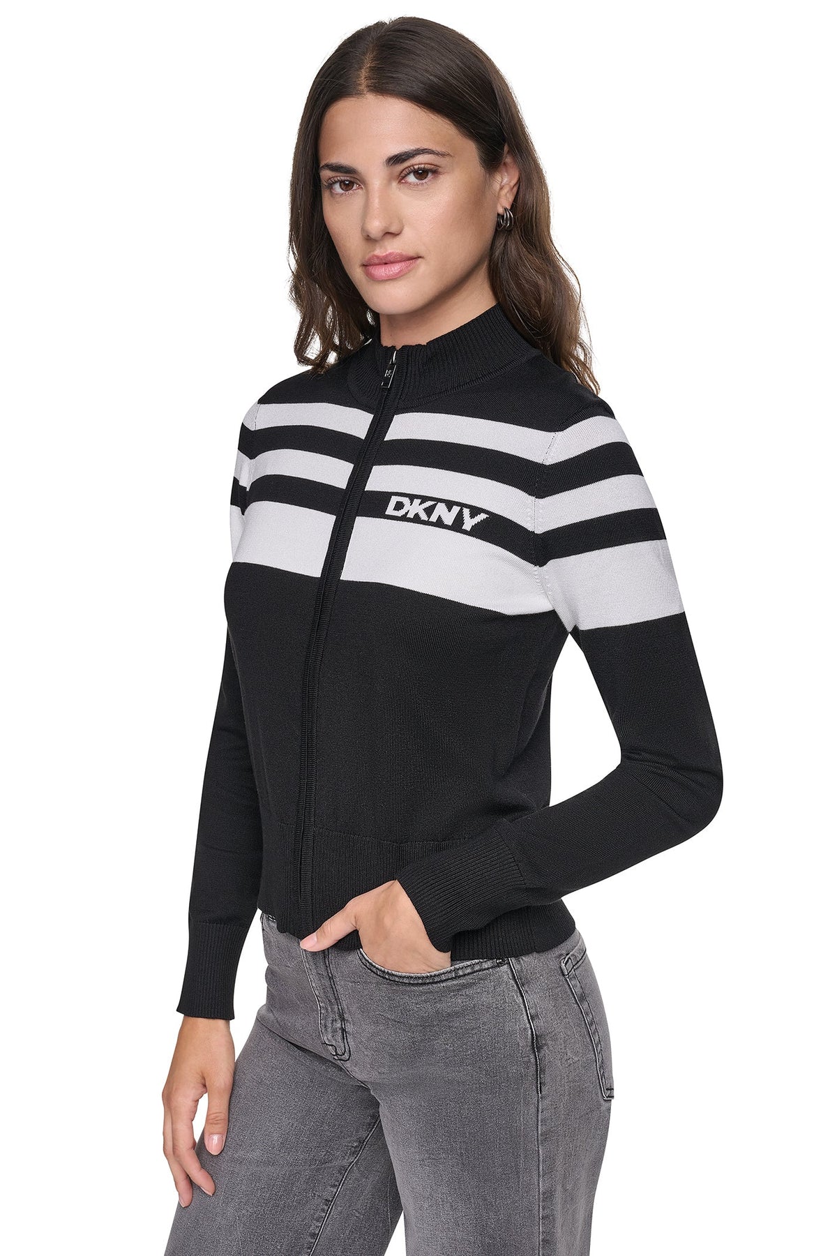 STRIPED MOCK NECK ZIP SWEATER - Black/Ivory | DKNY