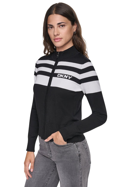 STRIPED MOCK NECK ZIP SWEATER - Black/Ivory | DKNY