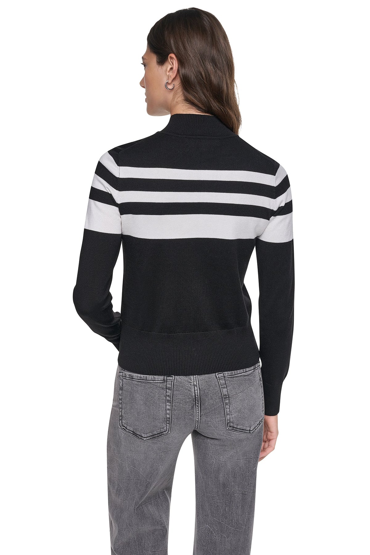 STRIPED MOCK NECK ZIP SWEATER - Black/Ivory | DKNY