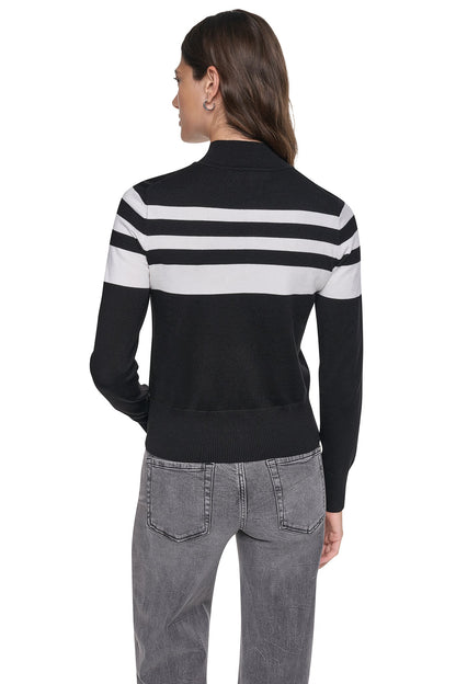 STRIPED MOCK NECK ZIP SWEATER - Black/Ivory | DKNY