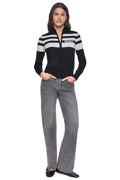 STRIPED MOCK NECK ZIP SWEATER - Black/Ivory | DKNY