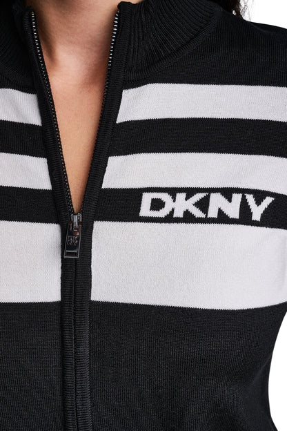 STRIPED MOCK NECK ZIP SWEATER - Black/Ivory | DKNY