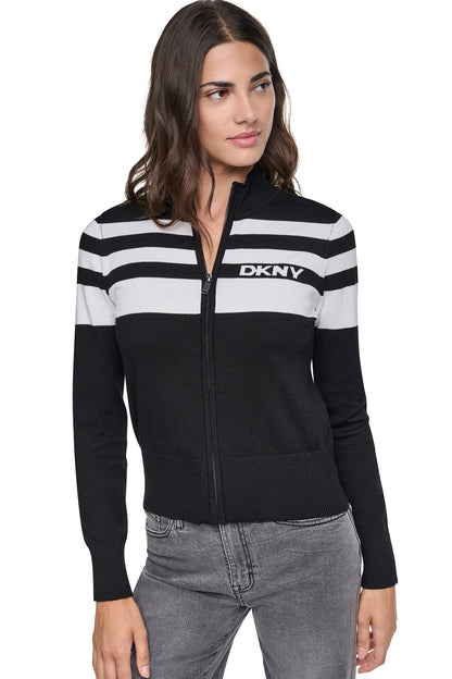 STRIPED MOCK NECK ZIP SWEATER - Black/Ivory | DKNY