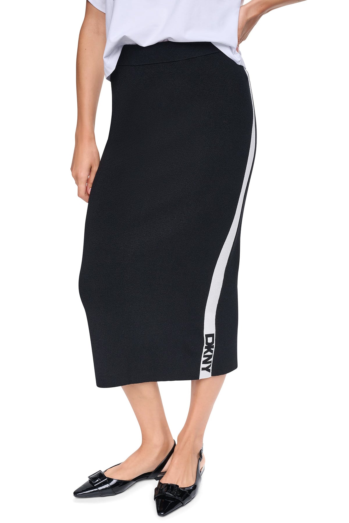LOGO STRIPE SWEATER SKIRT - Black/Ivory | DKNY