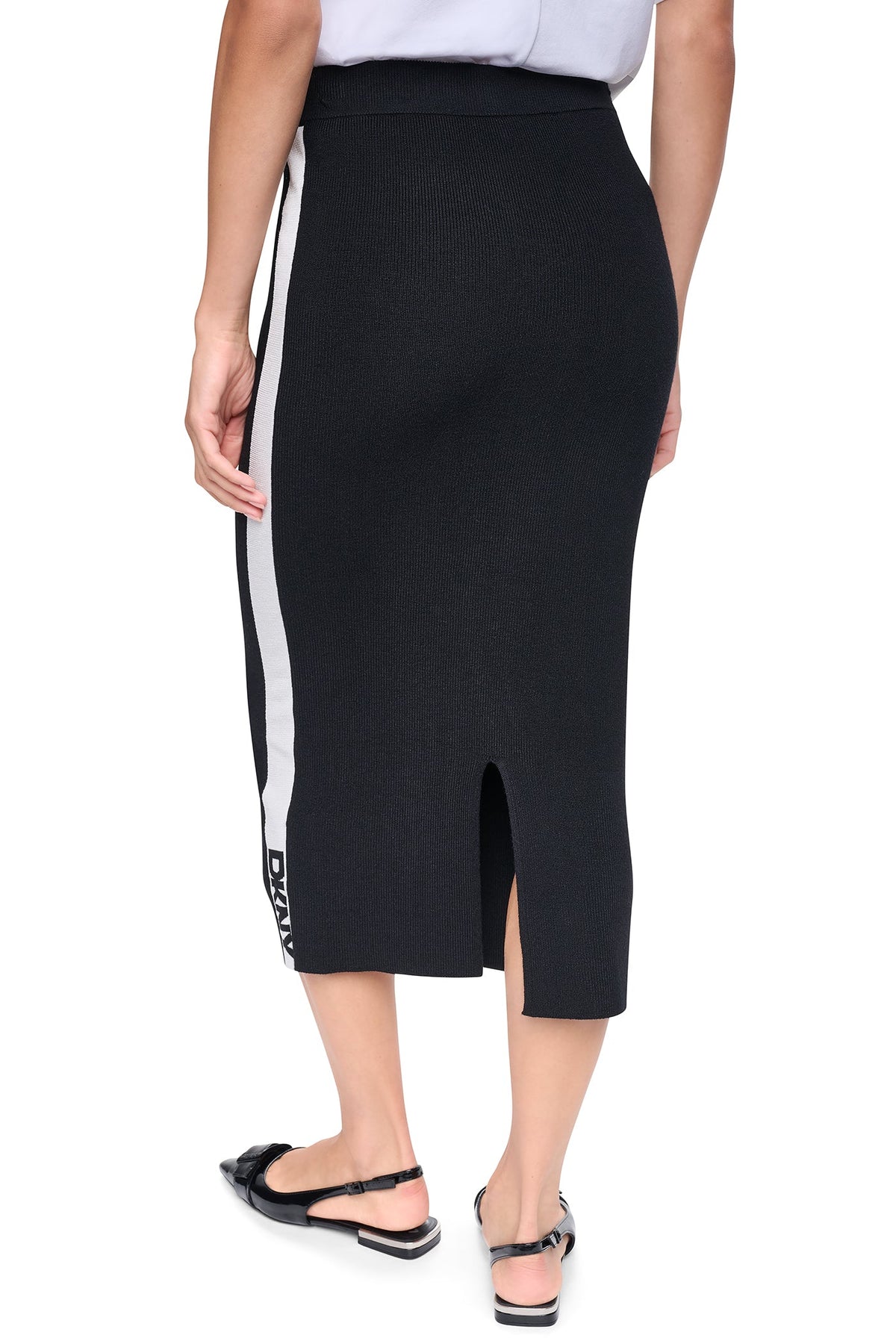 LOGO STRIPE SWEATER SKIRT - Black/Ivory | DKNY