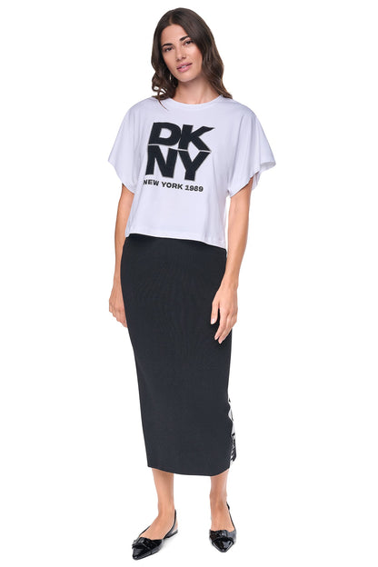 LOGO STRIPE SWEATER SKIRT - Black/Ivory | DKNY