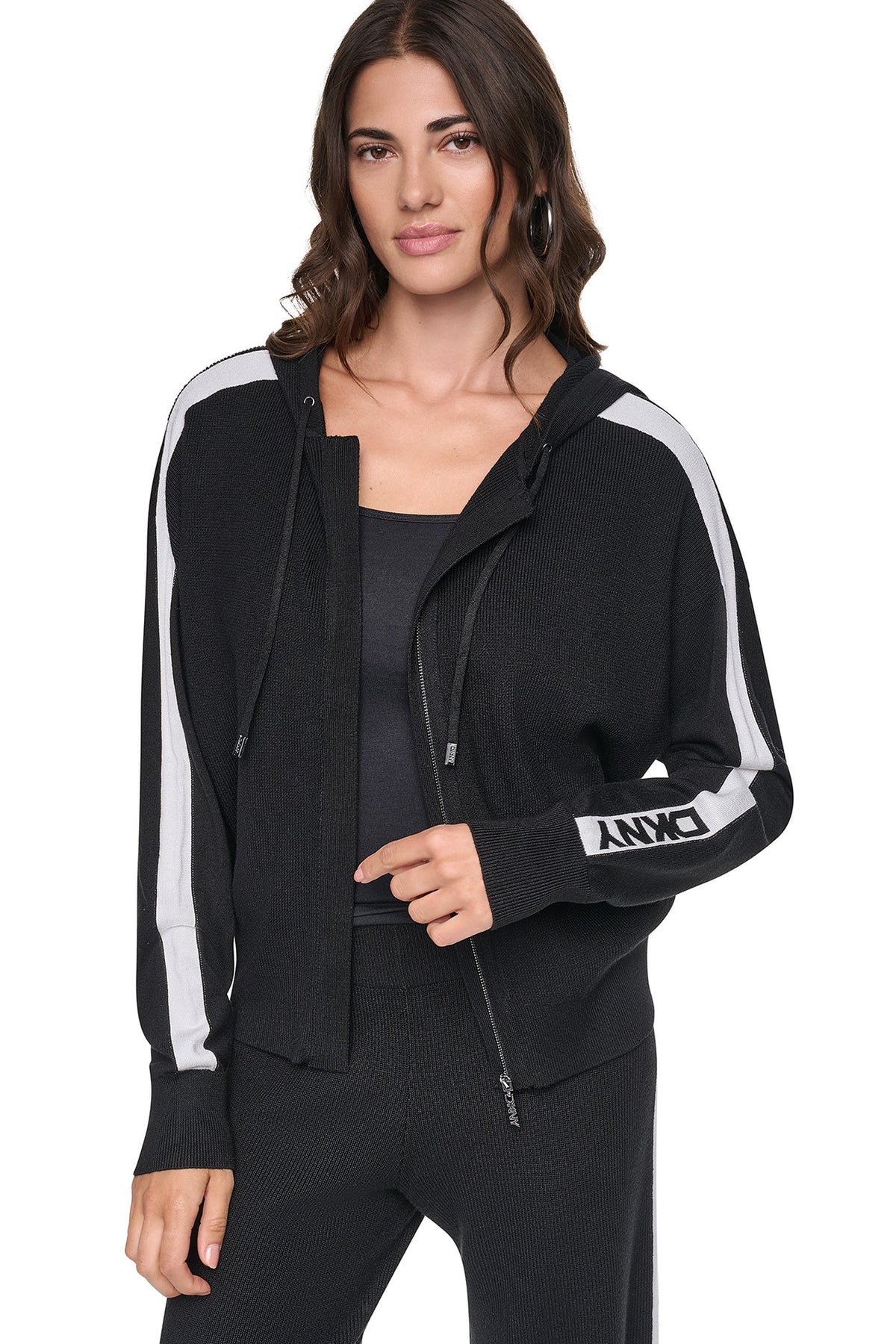 LOGO STRIPE HOODIE SWEATER - Black/Ivory | DKNY