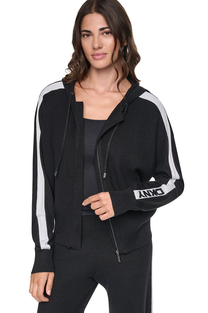 LOGO STRIPE HOODIE SWEATER - Black/Ivory | DKNY