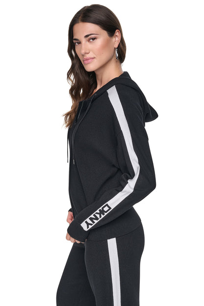 LOGO STRIPE HOODIE SWEATER - Black/Ivory | DKNY