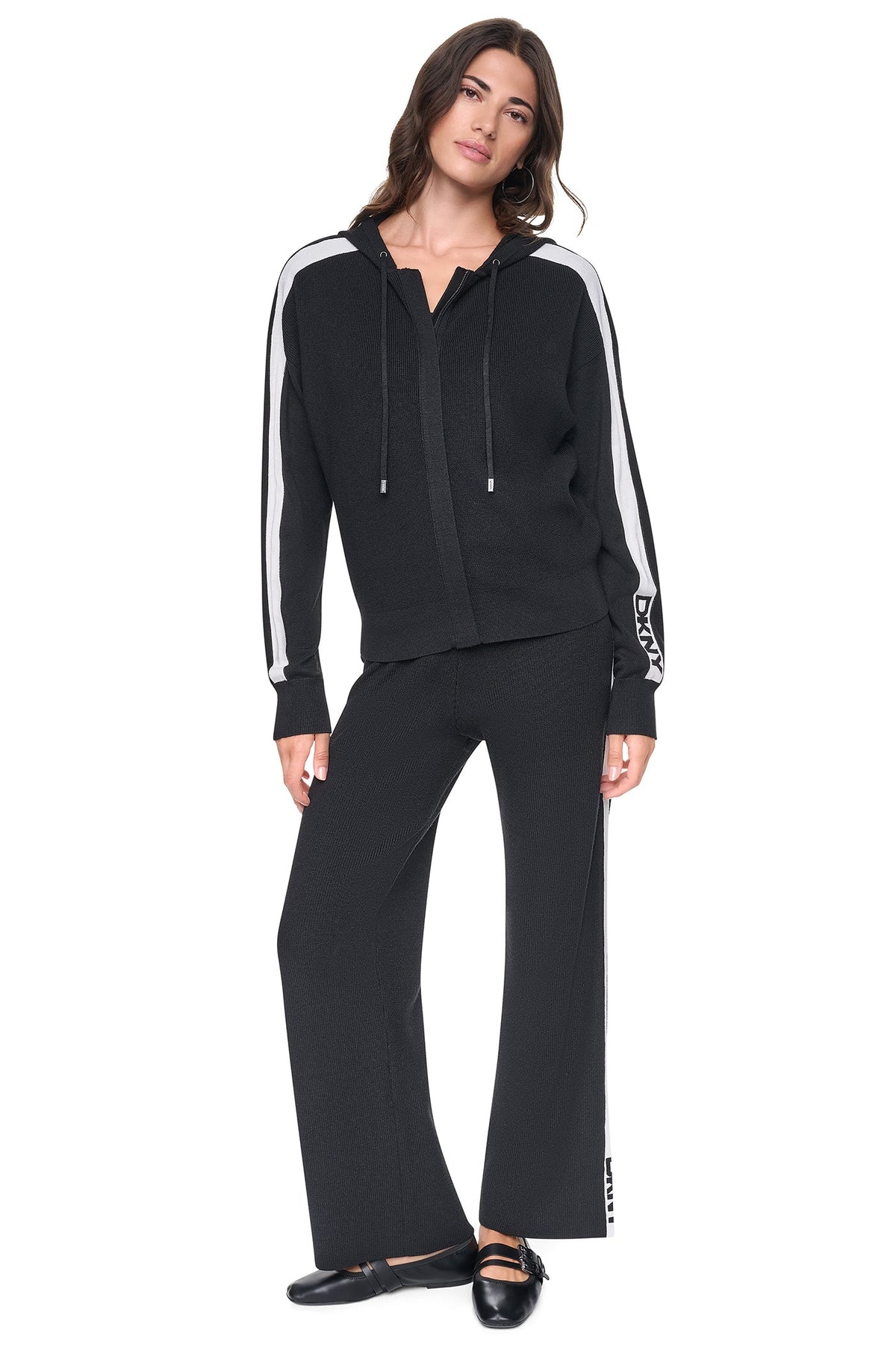 LOGO STRIPE HOODIE SWEATER - Black/Ivory | DKNY