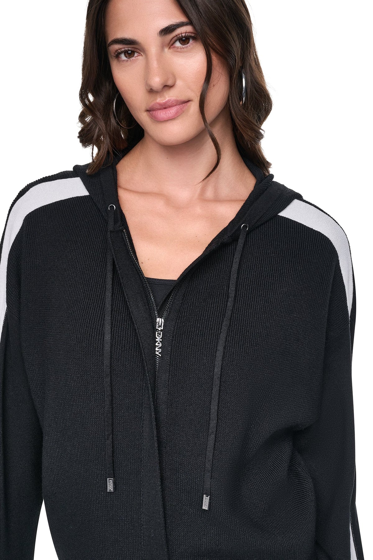 LOGO STRIPE HOODIE SWEATER - Black/Ivory | DKNY