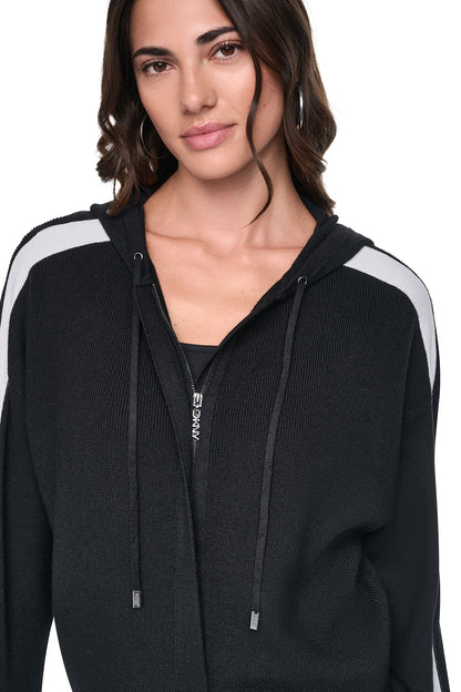 LOGO STRIPE HOODIE SWEATER - Black/Ivory | DKNY