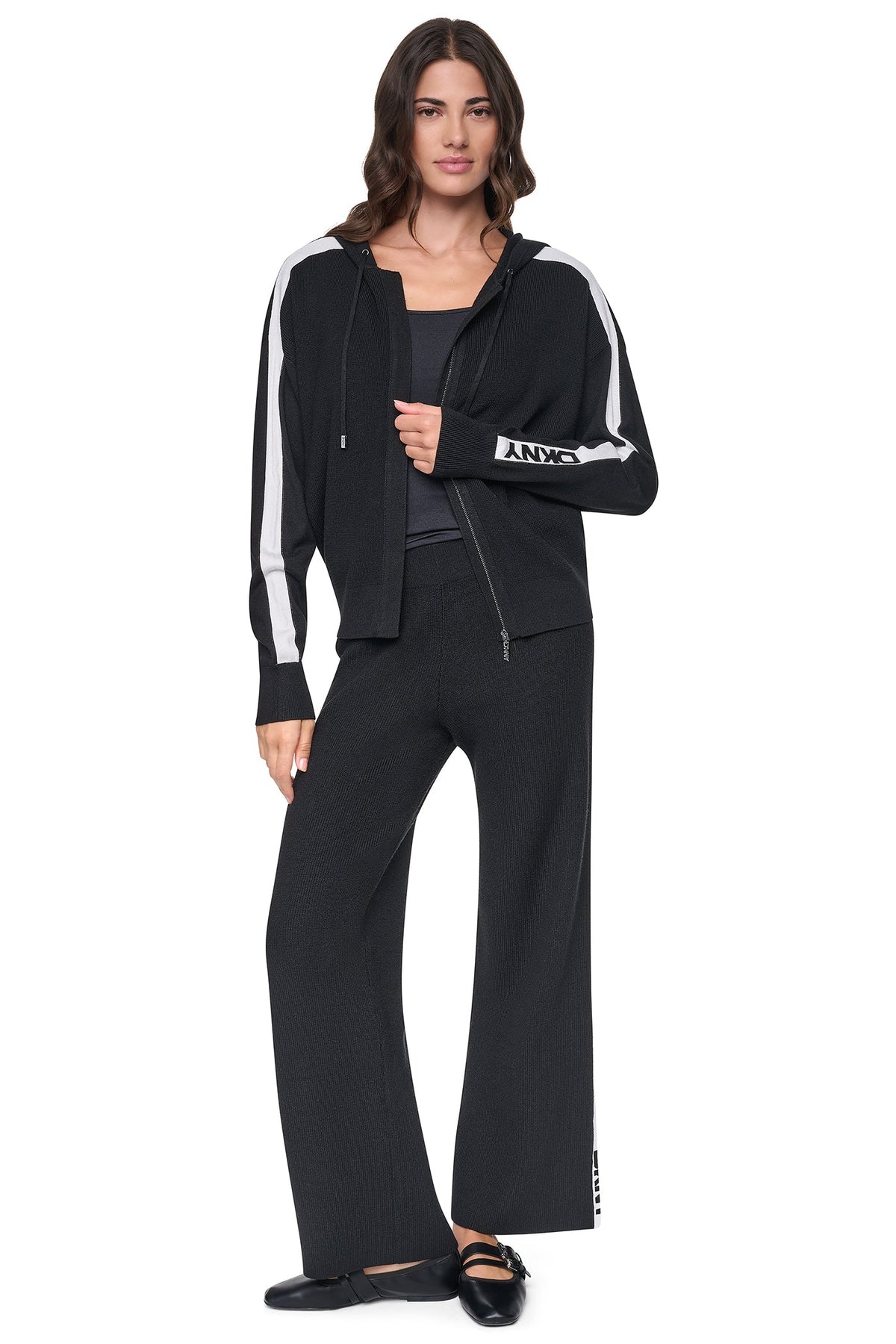 LOGO STRIPE HOODIE SWEATER - Black/Ivory | DKNY