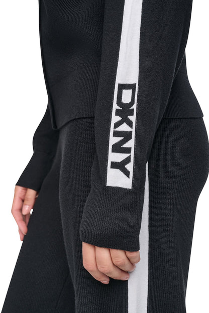 LOGO STRIPE HOODIE SWEATER - Black/Ivory | DKNY