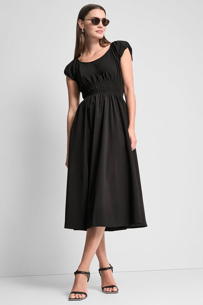 PUFF SLEEVE FIT & FLARE MIDI DRESS - Black | DKNY