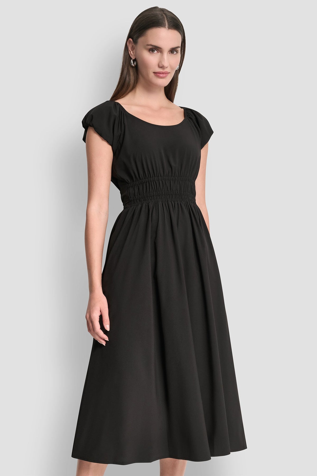PUFF SLEEVE FIT & FLARE MIDI DRESS - Black | DKNY