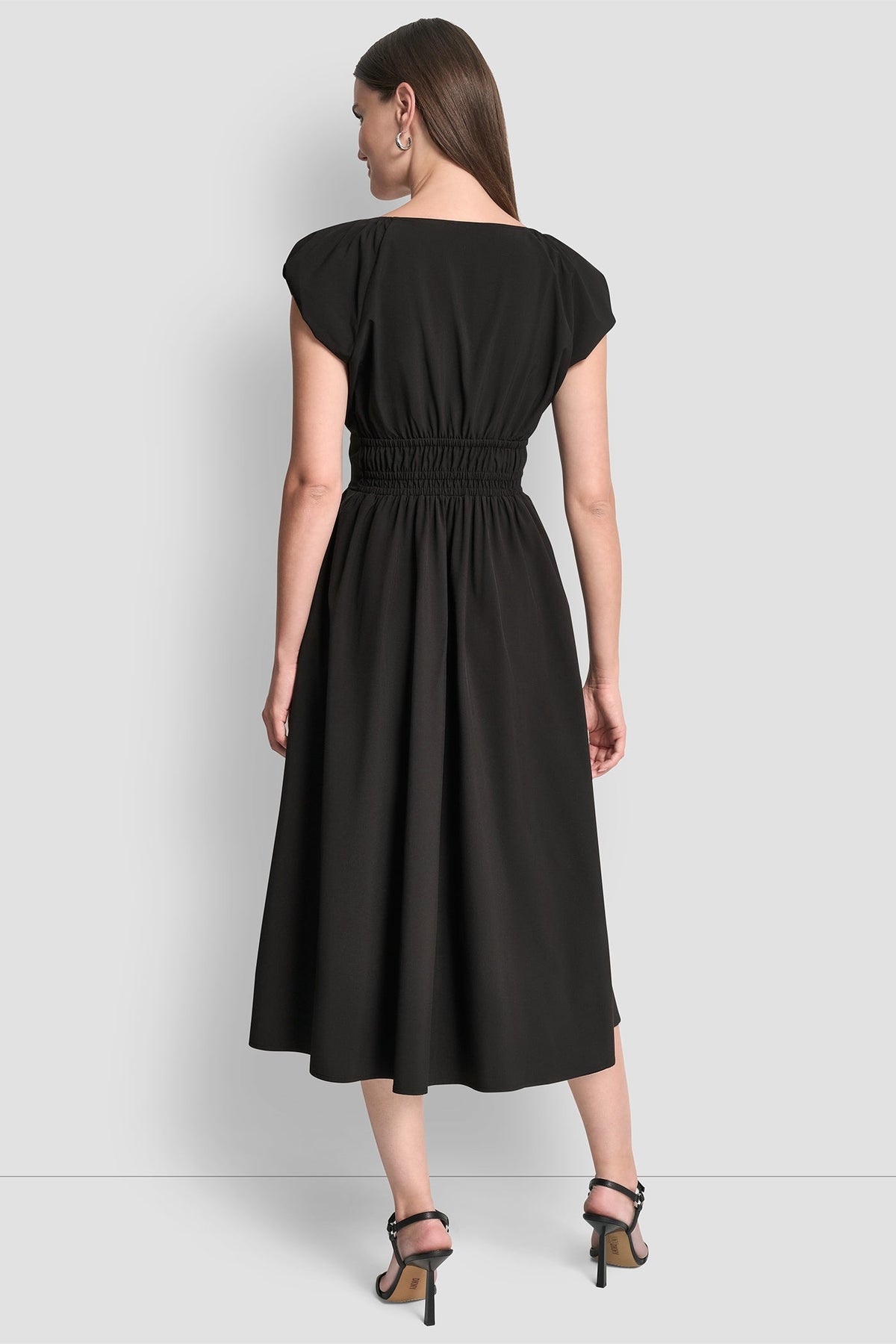 PUFF SLEEVE FIT & FLARE MIDI DRESS - Black | DKNY