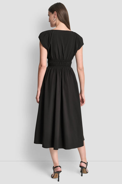 PUFF SLEEVE FIT & FLARE MIDI DRESS - Black | DKNY