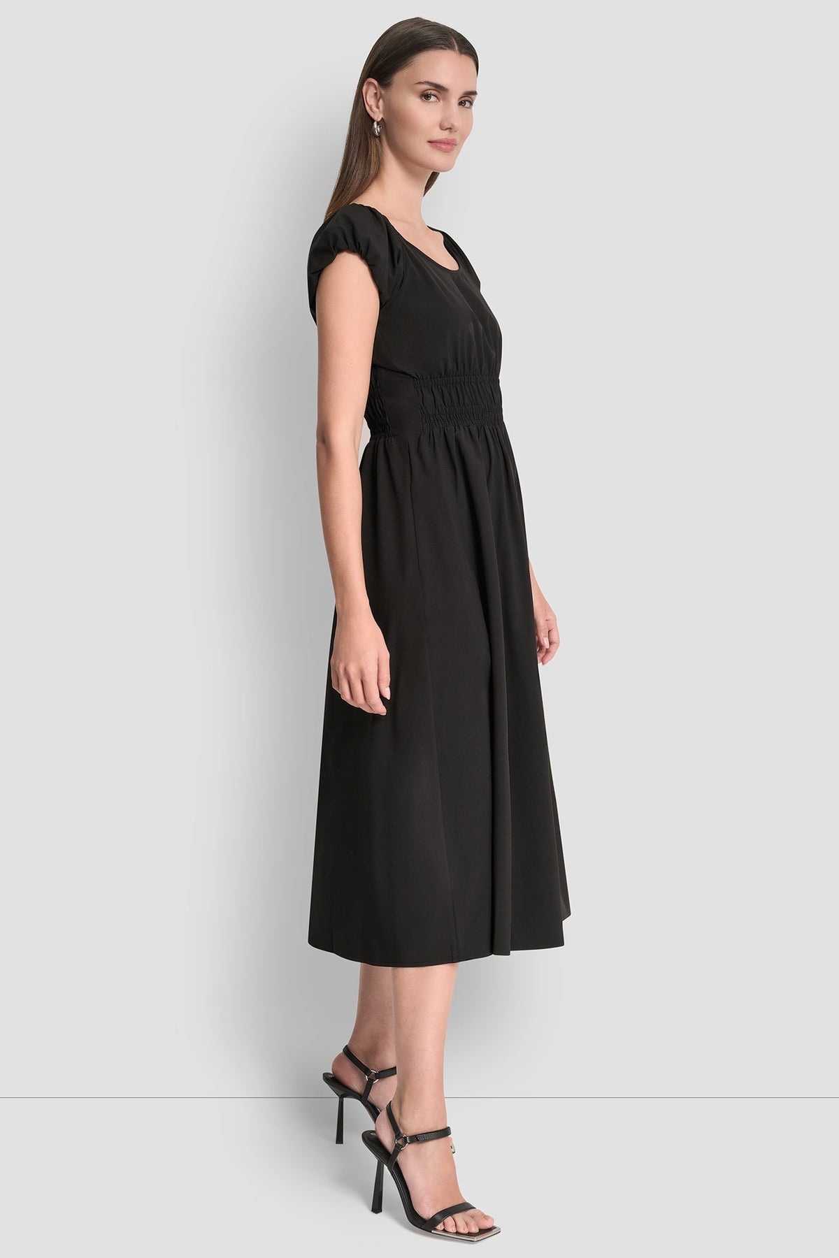 PUFF SLEEVE FIT & FLARE MIDI DRESS - Black | DKNY