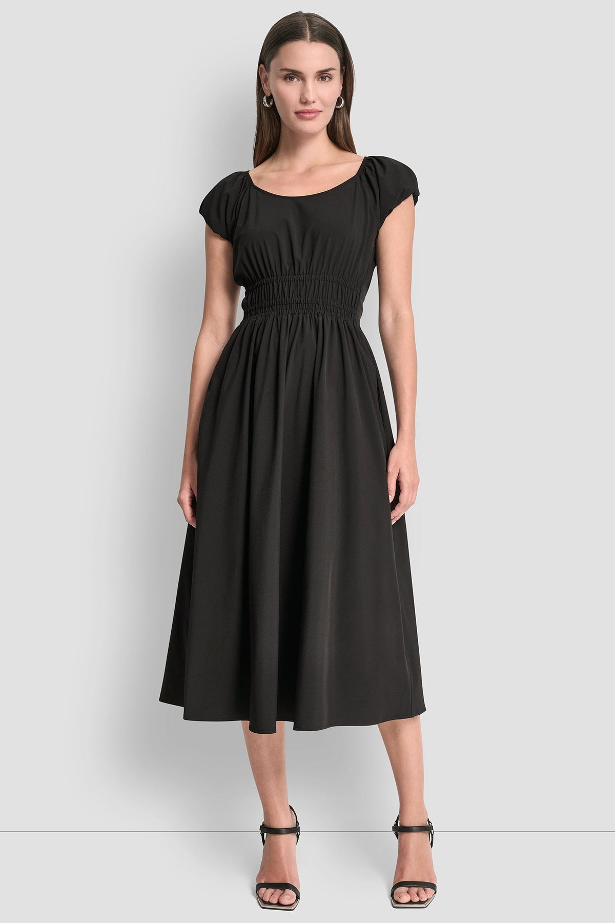 PUFF SLEEVE FIT & FLARE MIDI DRESS - Black | DKNY