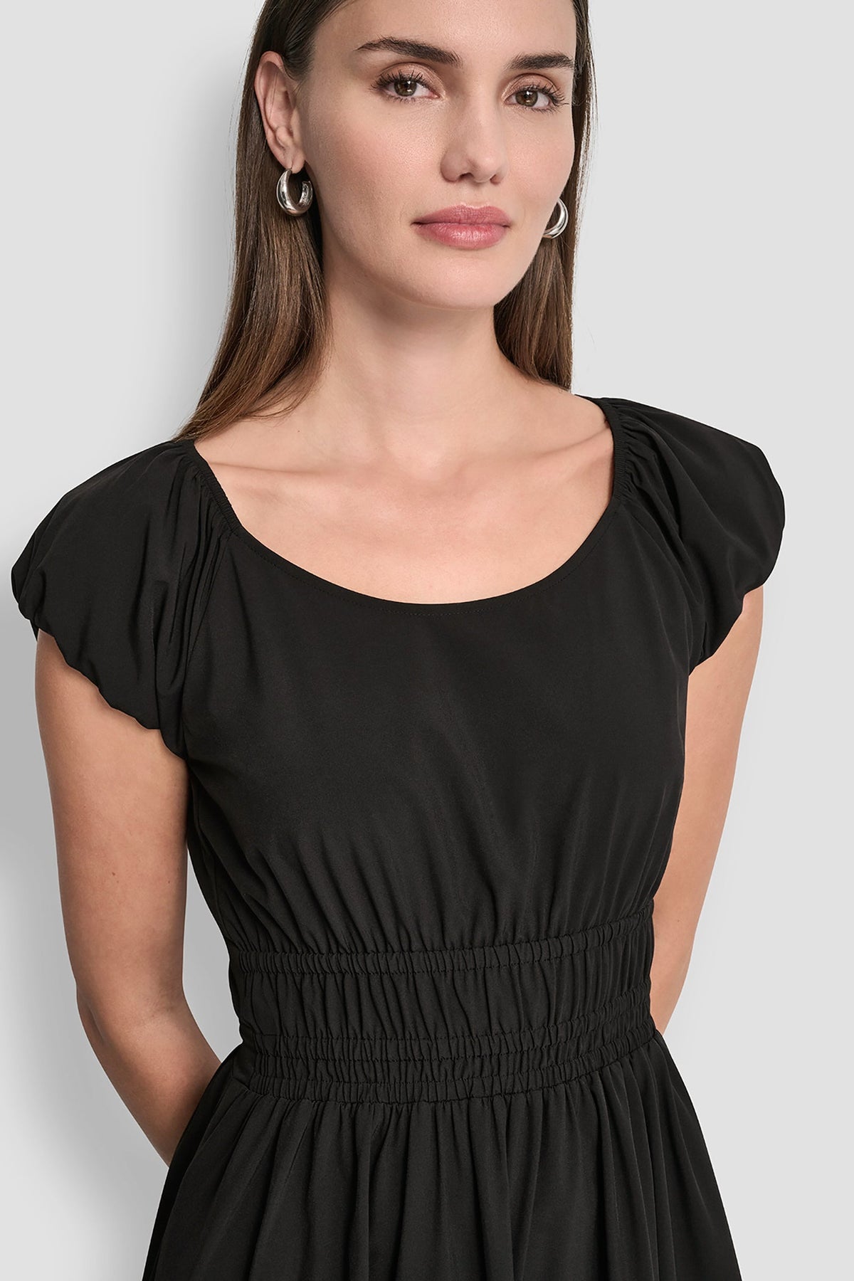 PUFF SLEEVE FIT & FLARE MIDI DRESS - Black | DKNY