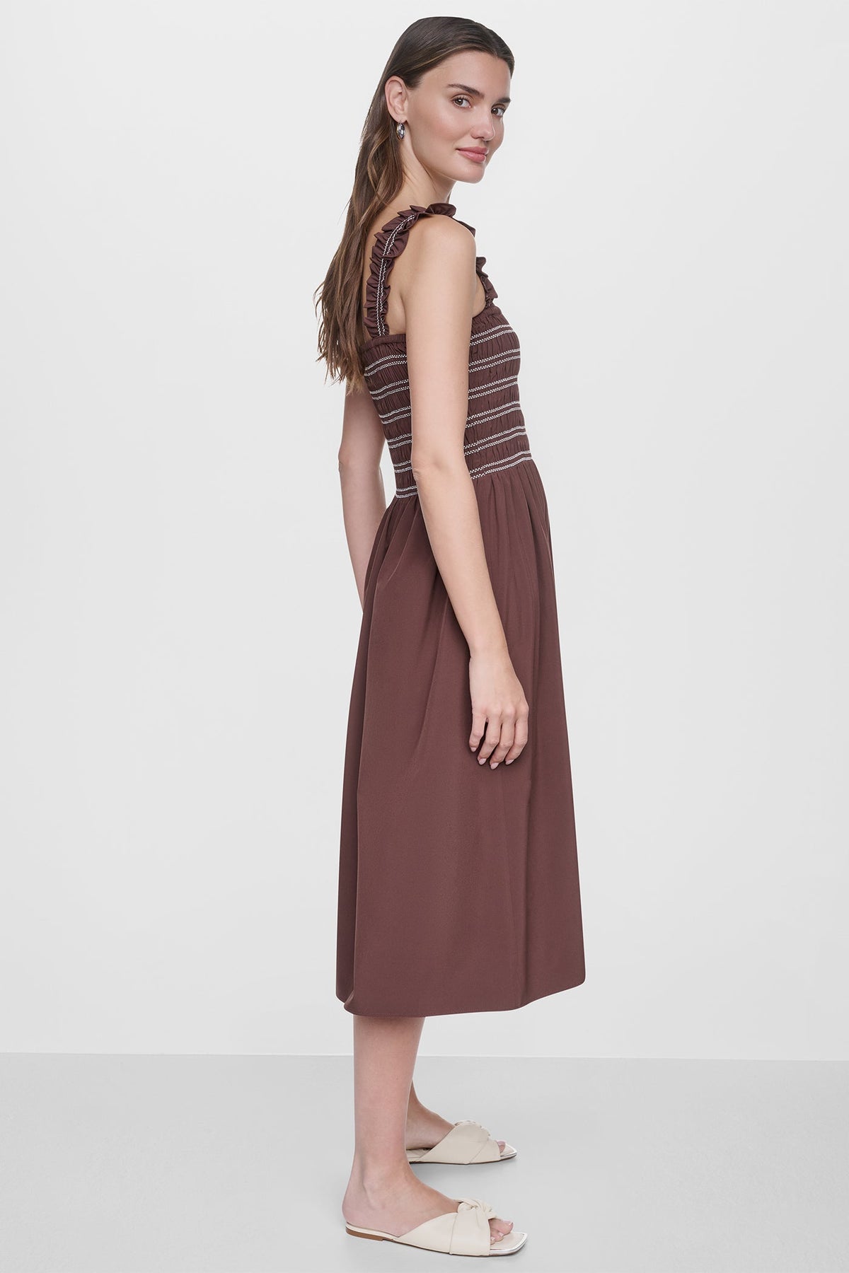 SLEEVELESS SMOCKED MIDI A-LINE DRESS - Black | DKNY