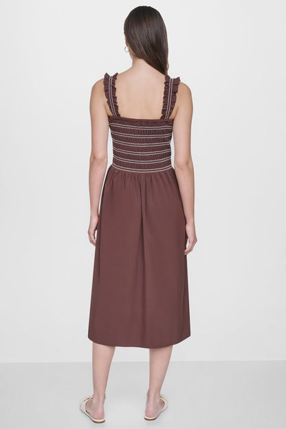 SLEEVELESS SMOCKED MIDI A-LINE DRESS - Black | DKNY