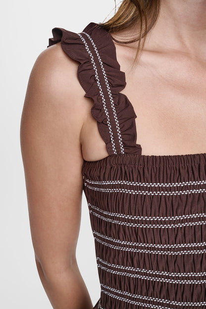 SLEEVELESS SMOCKED MIDI A-LINE DRESS - Black | DKNY