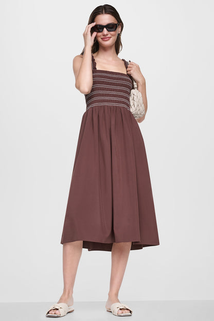 SLEEVELESS SMOCKED MIDI A-LINE DRESS - Black | DKNY