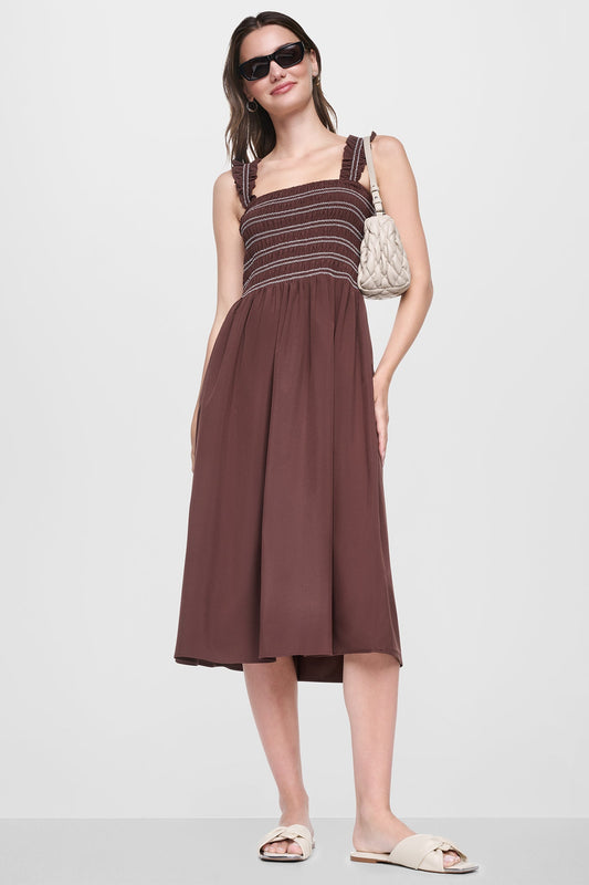 SLEEVELESS SMOCKED MIDI A-LINE DRESS - Java | DKNY