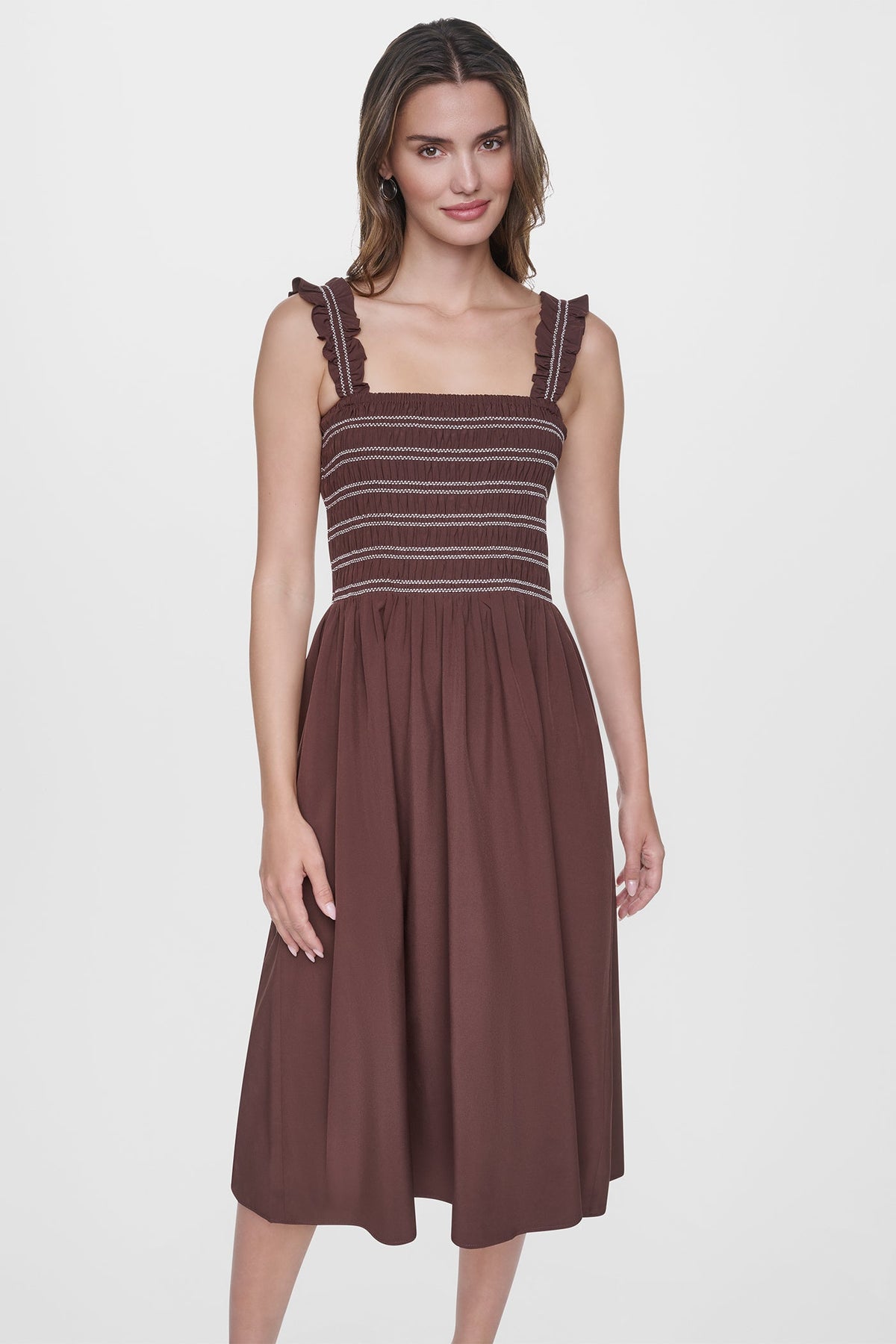 SLEEVELESS SMOCKED MIDI A-LINE DRESS - Java | DKNY