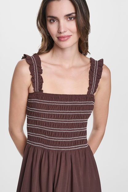 SLEEVELESS SMOCKED MIDI A-LINE DRESS - Java | DKNY
