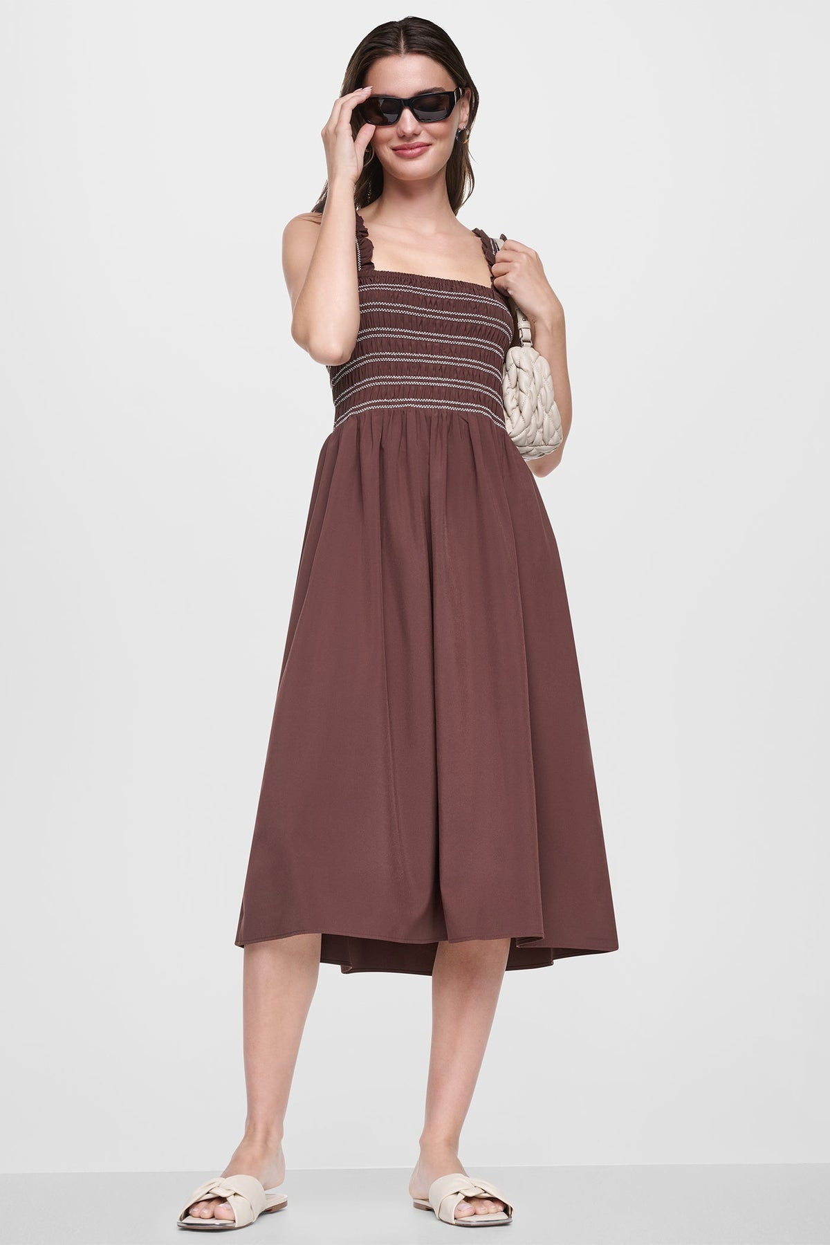 SLEEVELESS SMOCKED MIDI A-LINE DRESS - Java | DKNY