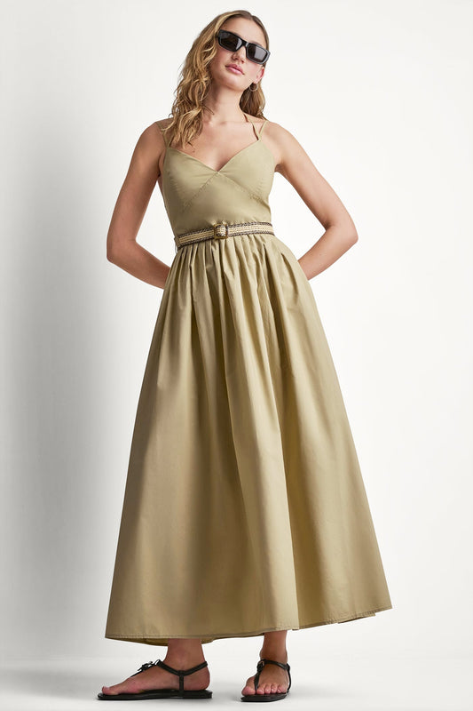 STRAPPY V-NECK MAXI DRESS WITH RAFFIA BELT - Travertine | DKNY