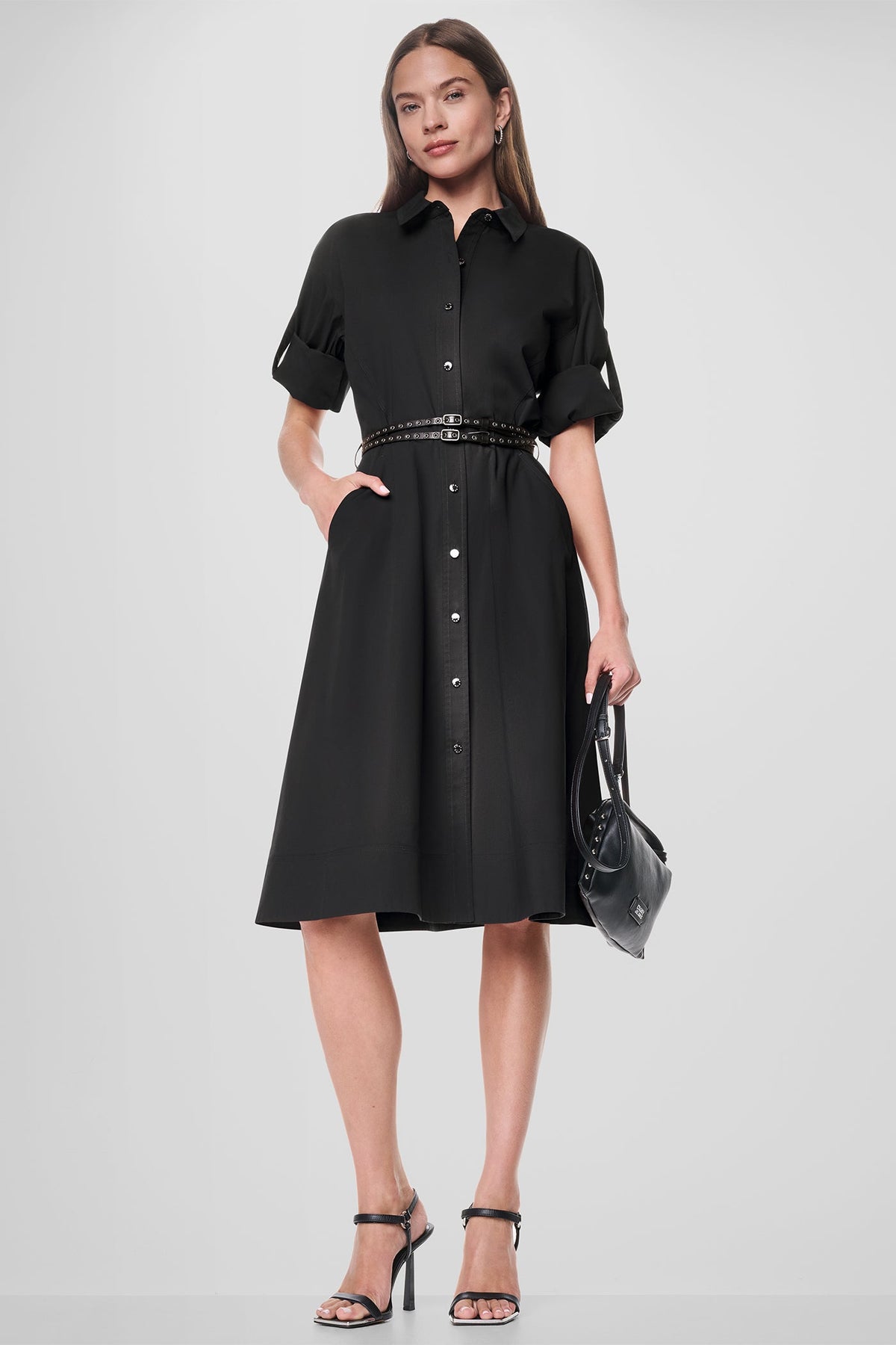 ROLL TAB BELTED POPLIN DRESS - Black | DKNY