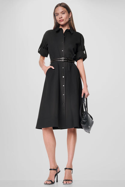 ROLL TAB BELTED POPLIN DRESS - Black | DKNY