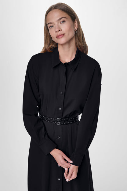 ROLL TAB BELTED POPLIN DRESS - Black | DKNY