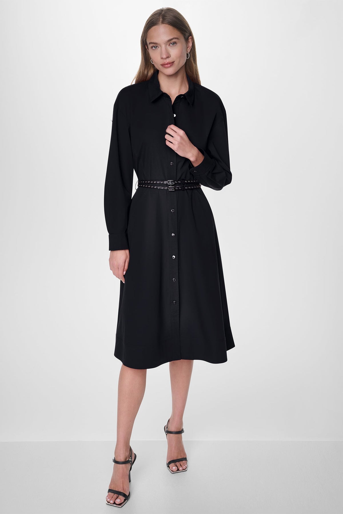 ROLL TAB BELTED POPLIN DRESS - Black | DKNY