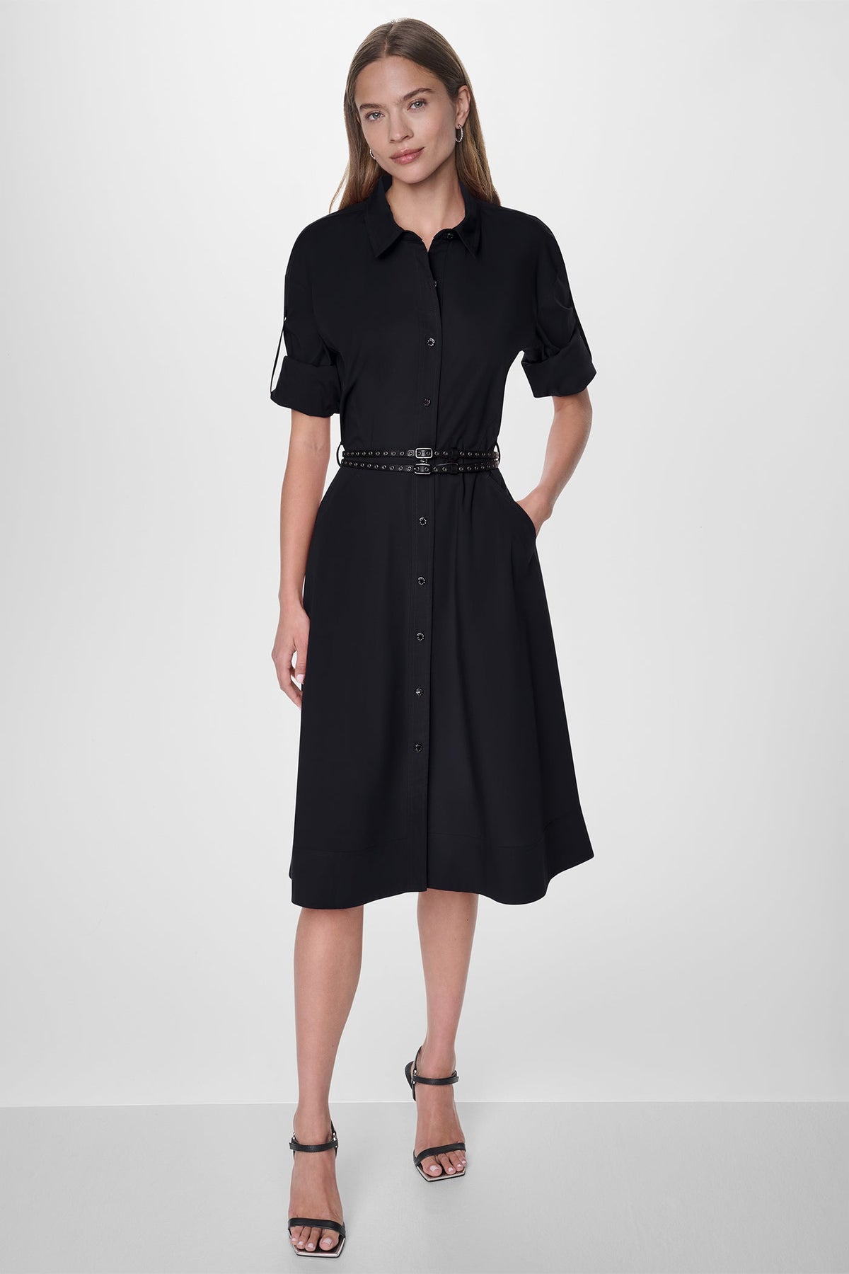 ROLL TAB BELTED POPLIN DRESS - Black | DKNY