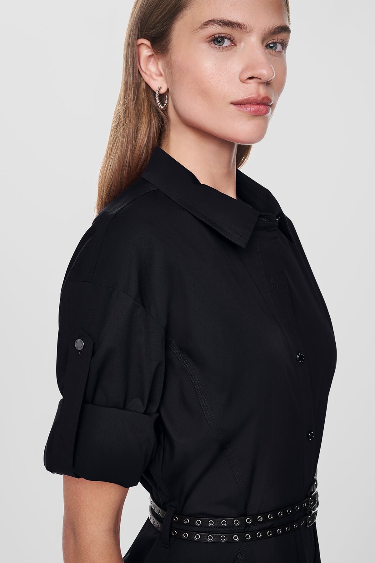 ROLL TAB BELTED POPLIN DRESS - Black | DKNY
