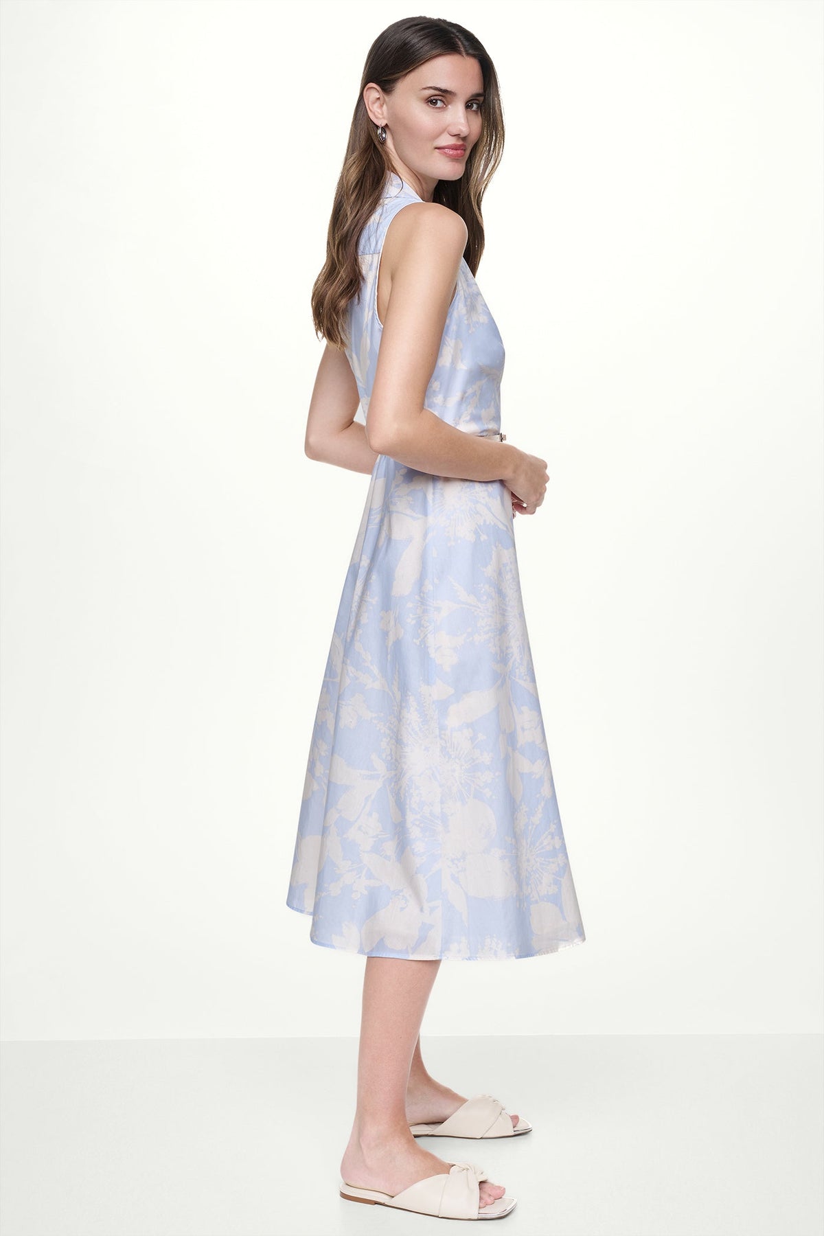 COTTON SLEEVELESS WRAP-EFFECT MIDI SHIRT DRESS - Pastel Yellow/Frost Blue | DKNY