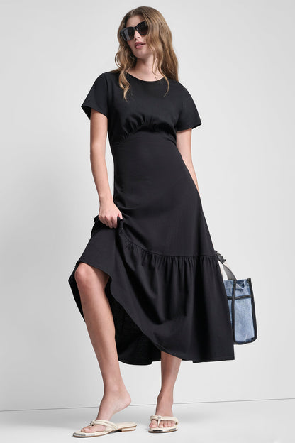 RUCHED BODICE TIERED MAXI DRESS - Black | DKNY