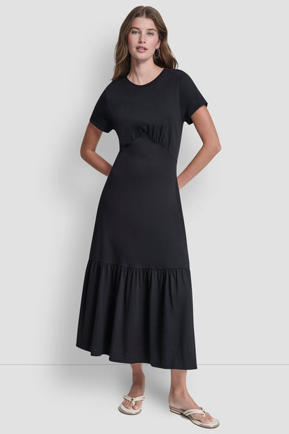 RUCHED BODICE TIERED MAXI DRESS - Black | DKNY