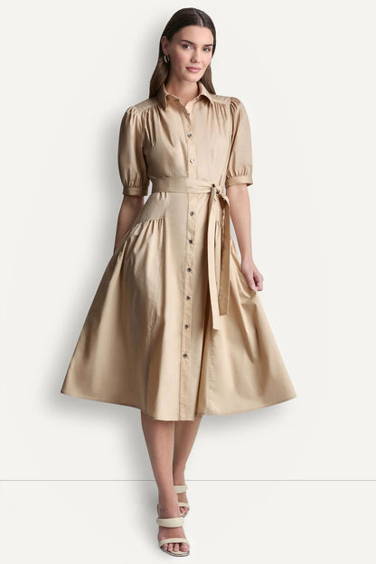 COTTON-BLEND DROP-WAIST MIDI SHIRT DRESS - Moonlight | DKNY