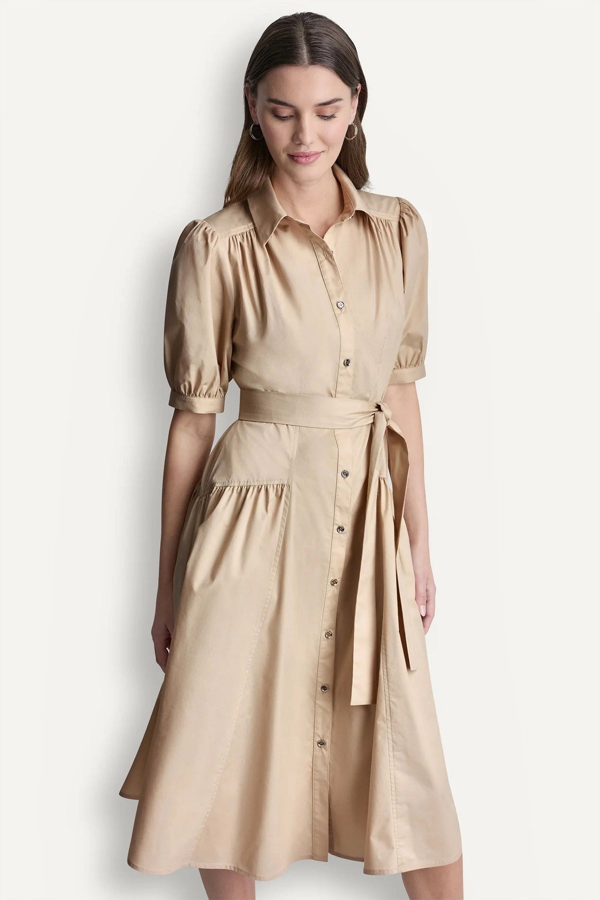 COTTON-BLEND DROP-WAIST MIDI SHIRT DRESS - Moonlight | DKNY