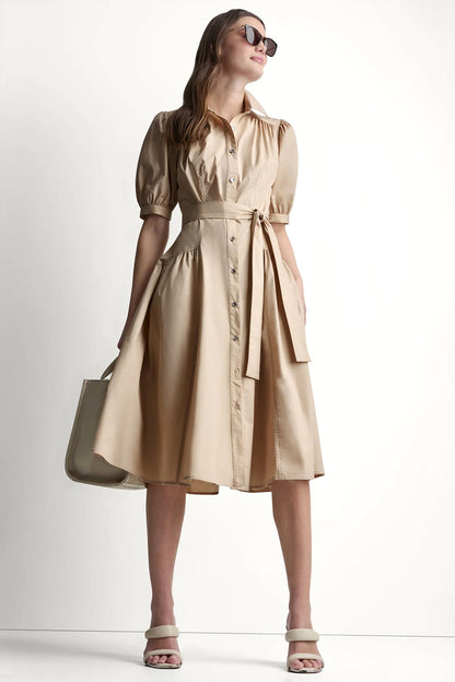 COTTON-BLEND DROP-WAIST MIDI SHIRT DRESS - Moonlight | DKNY