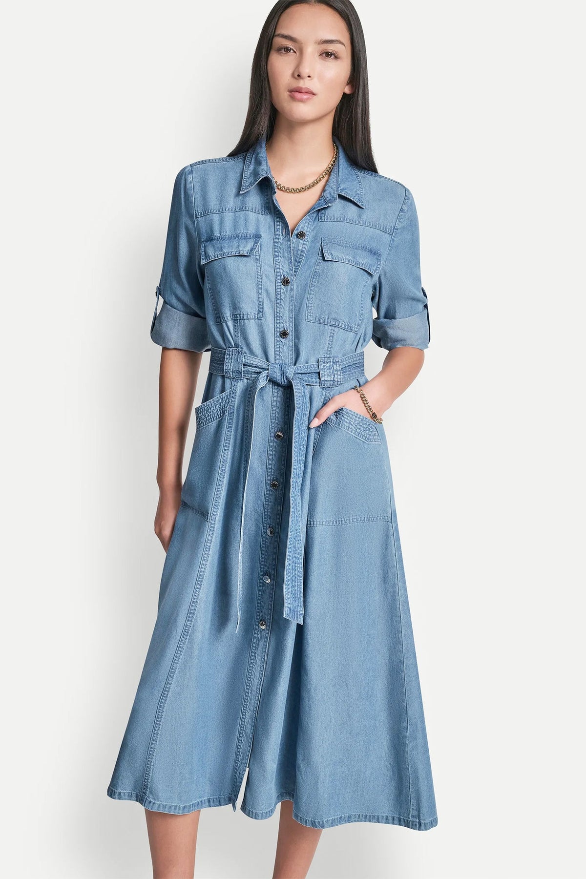 LONG SLEEVE ROLL TAB TENCEL CARGO DRESS - Stream | DKNY