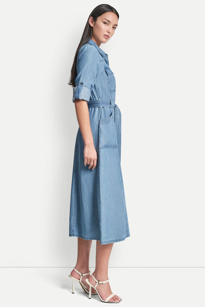 LONG SLEEVE ROLL TAB TENCEL CARGO DRESS - Stream | DKNY