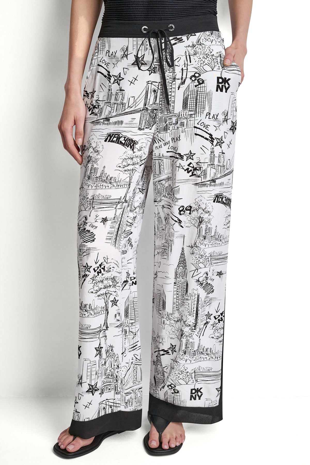 PRINTED DRAWSTRING WIDE LEG PANT - Ny Toile White | DKNY